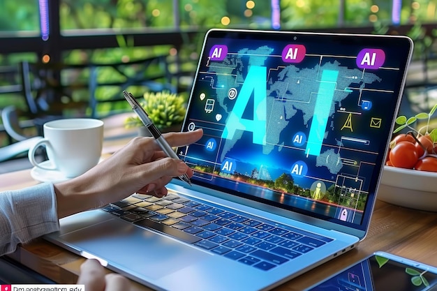 Person using AI powered laptop in a modern office with digital interface